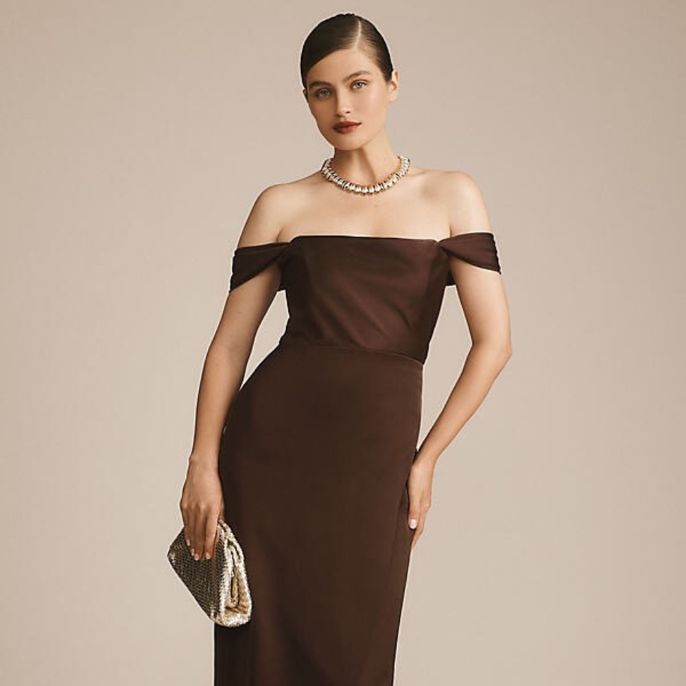 NWT Anthropologie BHLDN Brown Off-Shoulder Maxi Dress Gown